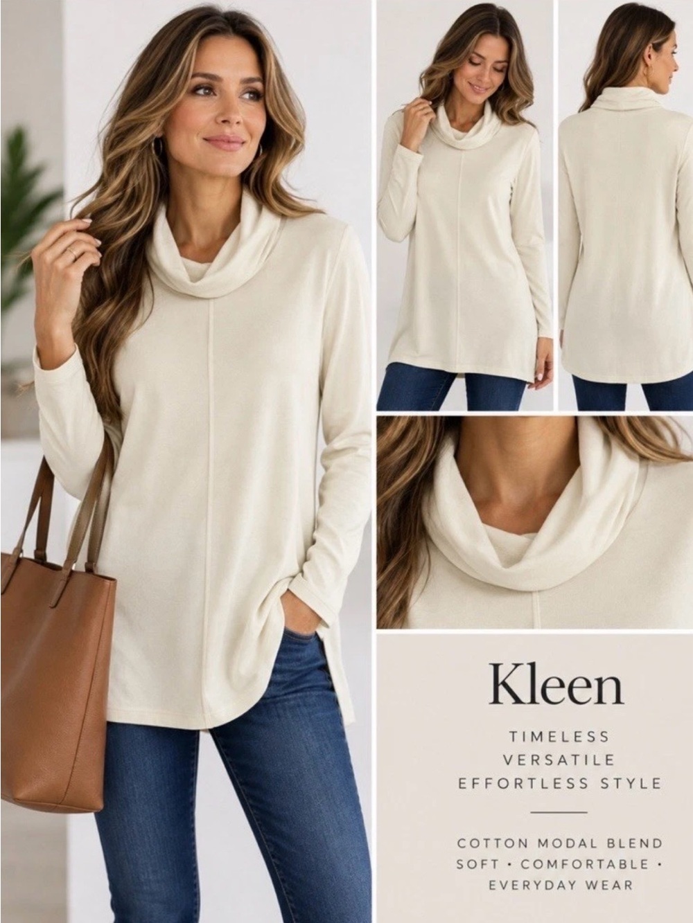 Kleen Ivory Cowl Neck Tunic Top Size L Cotton Modal Quiet Luxury Minimalist